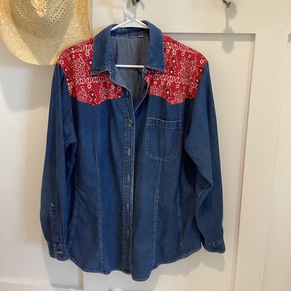 Vintage Denim Cowgirl Rockabilly Rodeo button down Shirt with Bandana - Picture 1 of 7